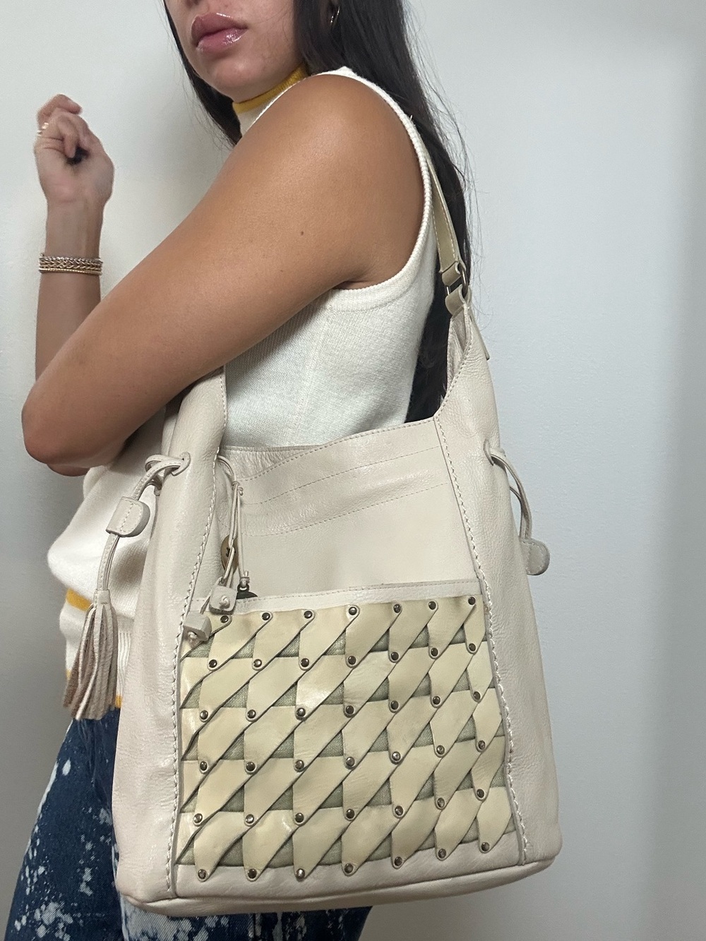 Radley London Cream Leather Hobo Shoulder Bag with Woven Accent & Bag Charm